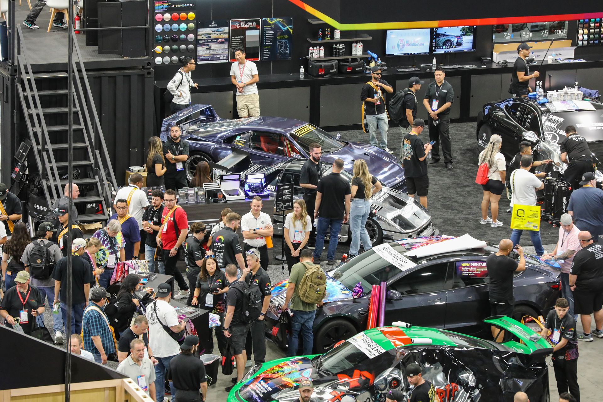 Aerial view of custom cars on the SEMA Show floor